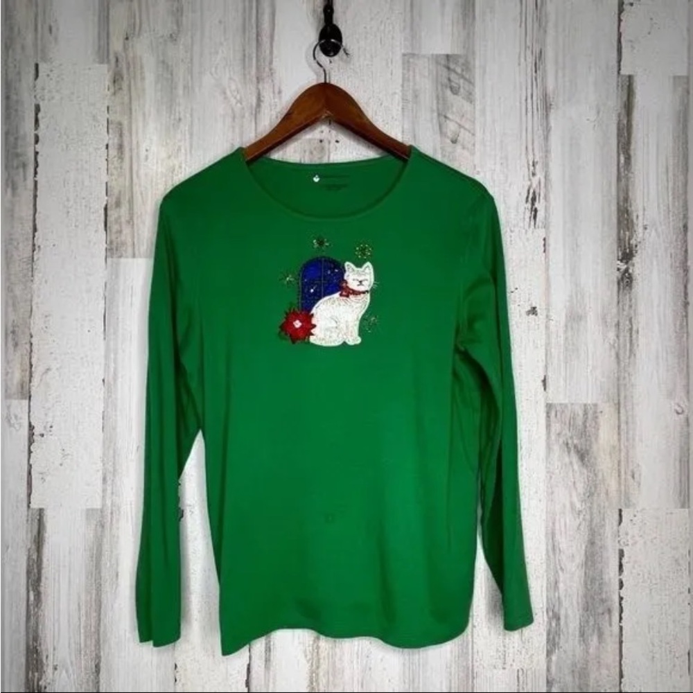 Designers Original Women's Long Sleeve Holiday Beaded Christmas Cat Top Large